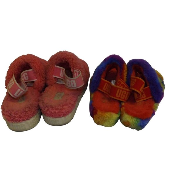 Size 7 UGG Oh Fluffita Fluff Yeah Slippers Pink & Rainbow Sherbert 2 Pairs 1 Prc - Picture 2 of 15